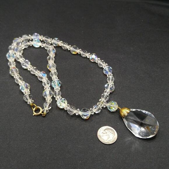 AB Crystal Beaded Necklace, Aurora Borealis 22" Clear Crystal Teardrop Pendant - Picture 9 of 10
